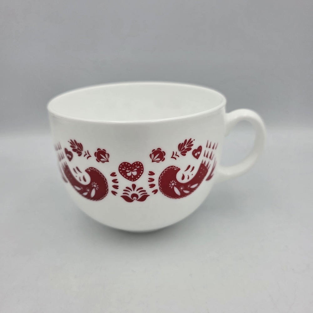 Vtg  IKEA White Milk Glass Coffee Cup with Red Bird & Heart Pattern Mug